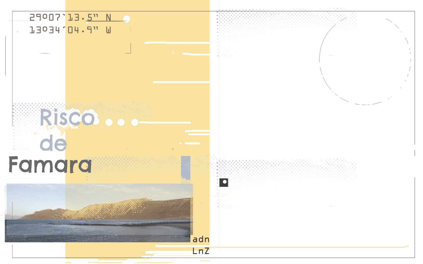 Risco de Famara: título, costa acantilada, texturas y coordenadas de la composición original