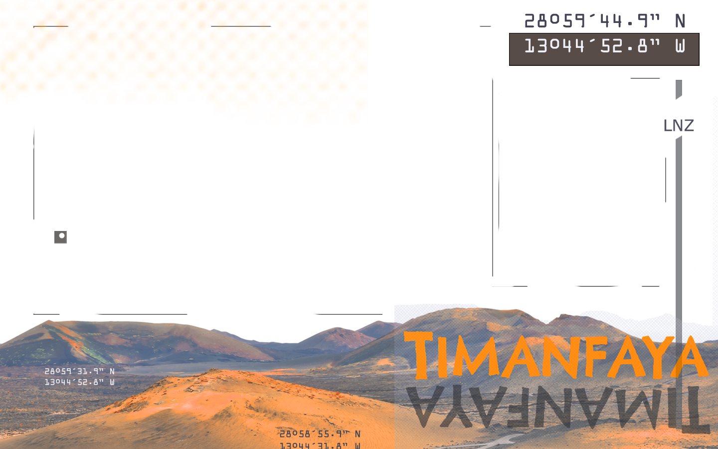 Timanfaya: composición original con paisaje volcánico, título y coordenadas